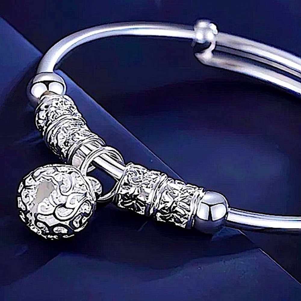 Boho Sterling Silver Resizable Ball Charm Bangle Bracelet - Picture 2 of 14